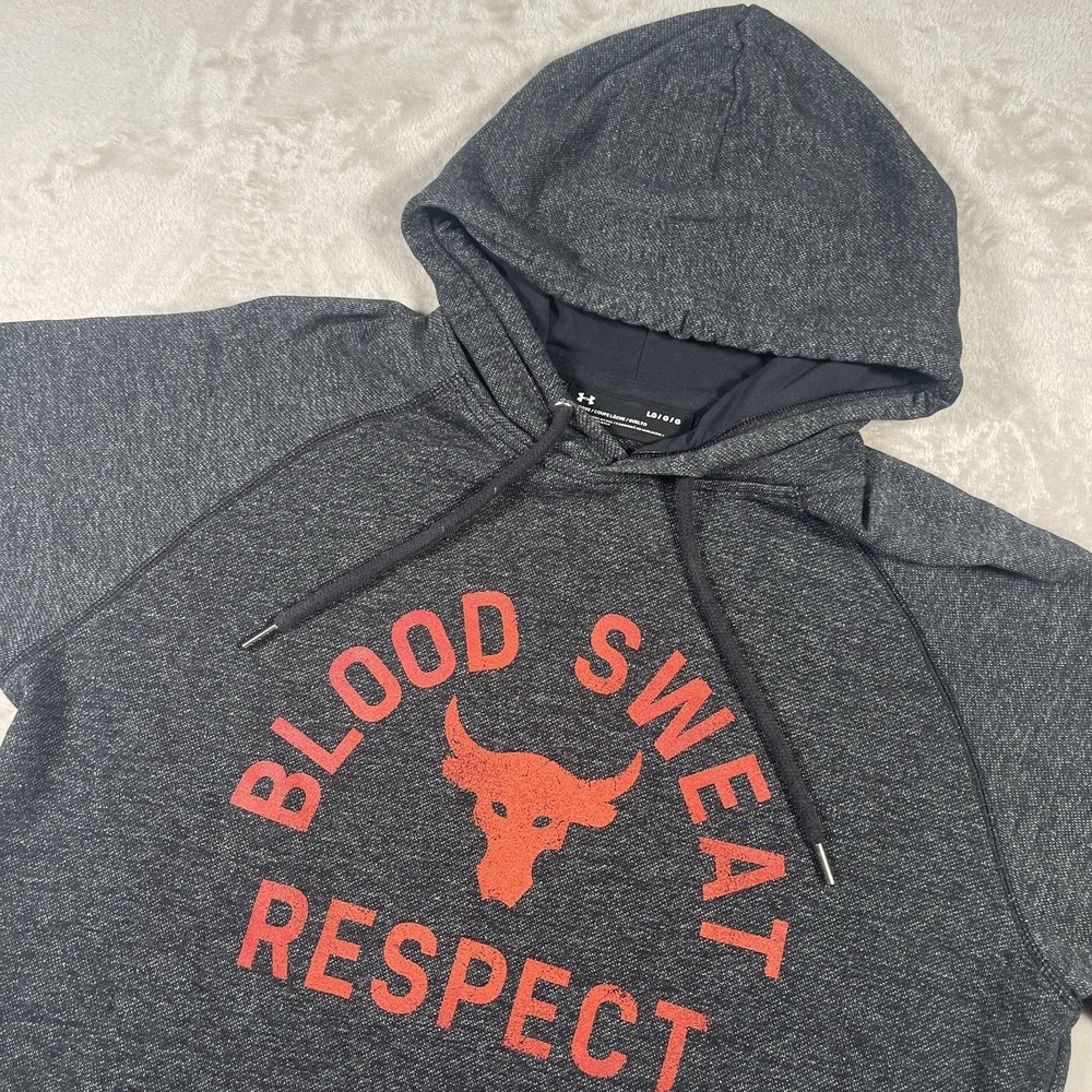 Under Armour Project Rock Short Sleeve Hoodie Mens‎ L Gray Blood Sweat Respect